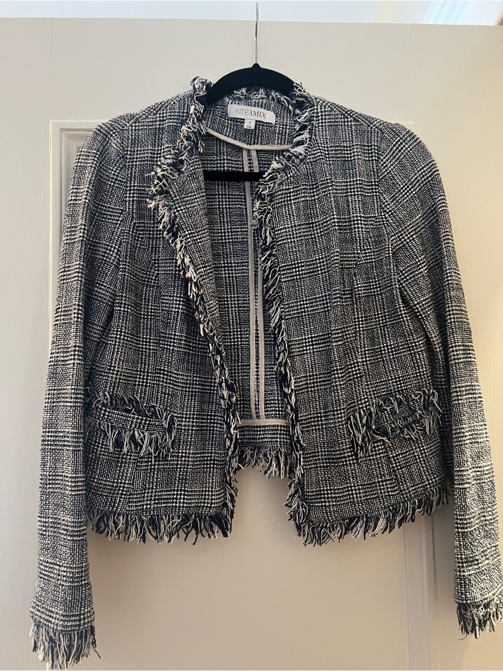 INTERMIX Blue and White Tweed Fringe Blazer size 4
